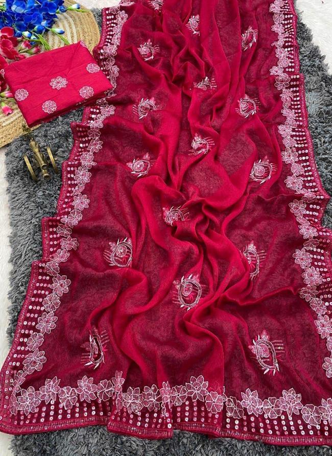 Shimmer Chiffon Rani Festival Wear Embroidery Work Saree